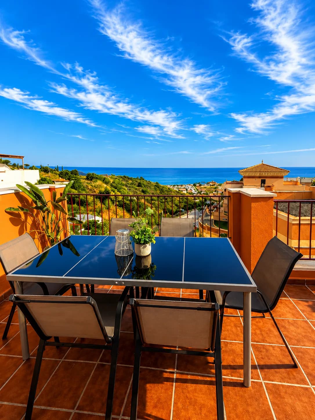 Sonnige Terrasse mit Meerblick, ausgestattet mit einem Tisch und Stühlen, ideal für einen Urlaub in Spanien.
