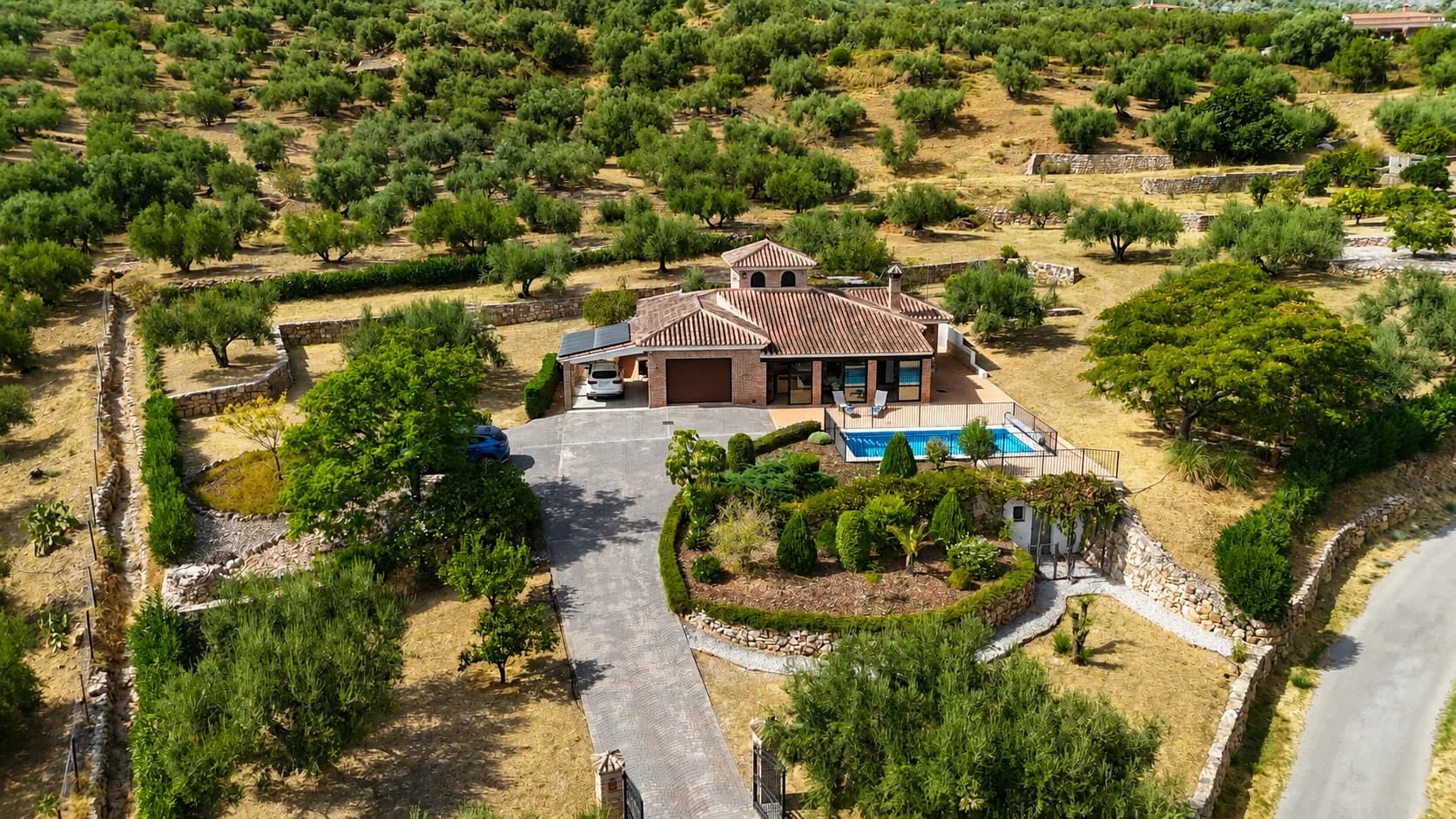 Casa de vacaciones moderna con piscina, rodeada de olivos en un entorno tranquilo y verde en España.