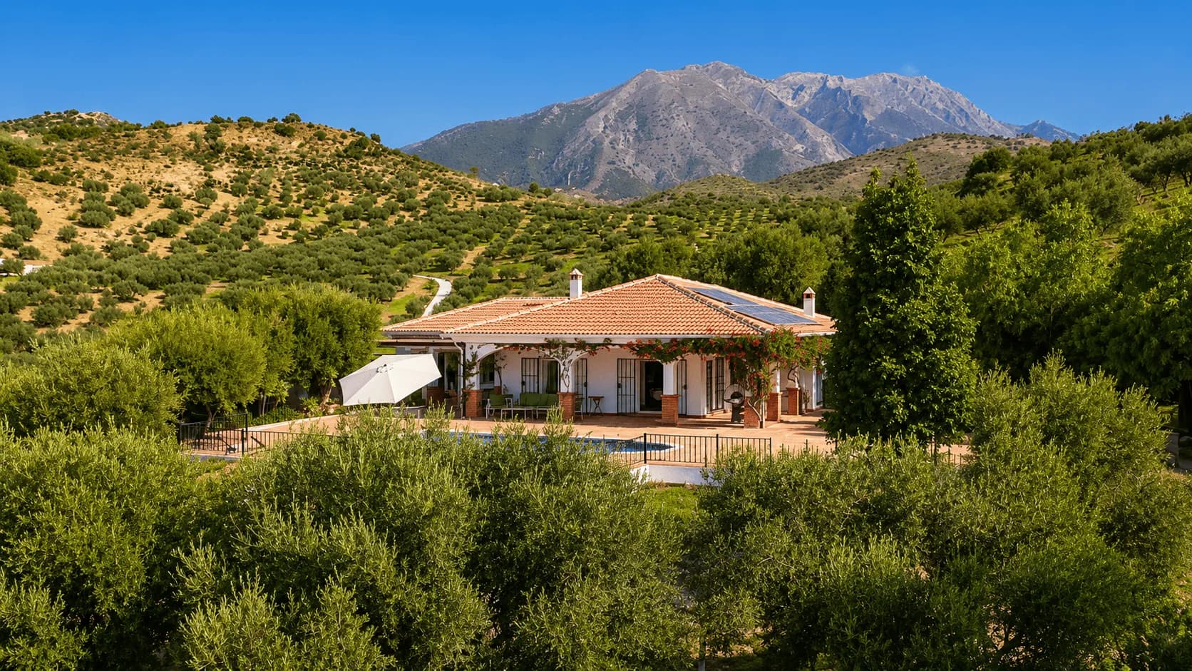 Casa de vacaciones rodeada de olivos y montañas, con piscina y terrazas soleadas en España.